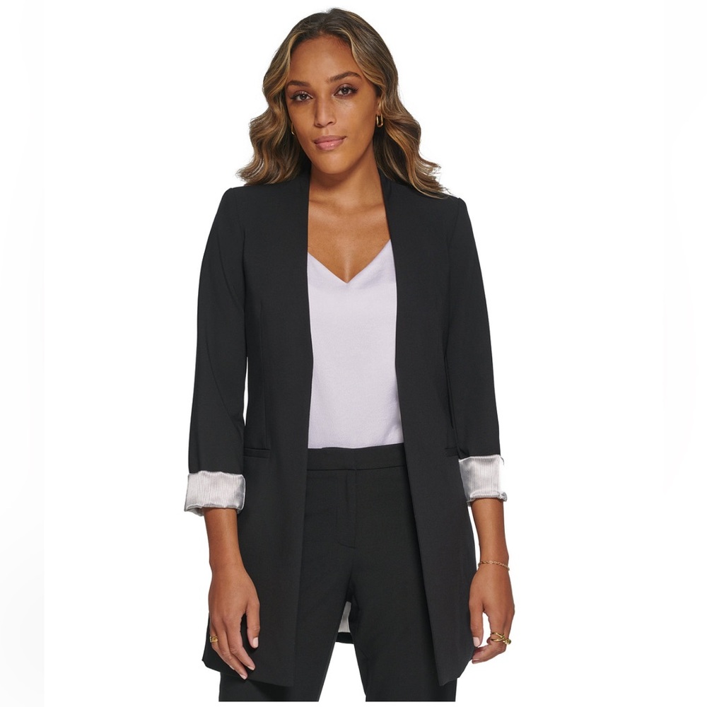Calvin Klein Women's roll sleeve open front Blazer Overcoat Black Coat Size 16